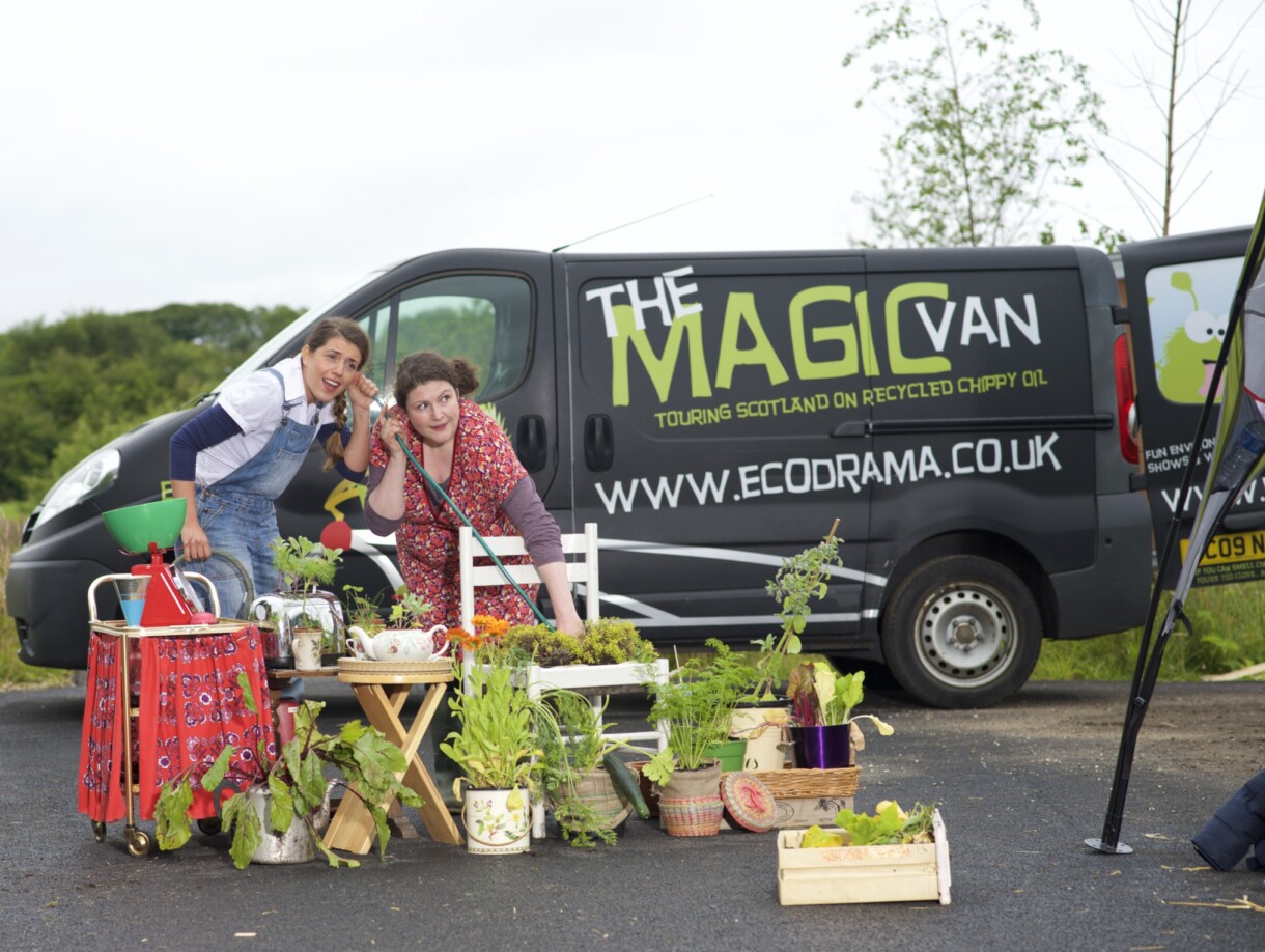 A photo of 2 female performers posing in front of the Eco Drama Magic Van with the set of Uprooted production with lots of plants and vegetables.