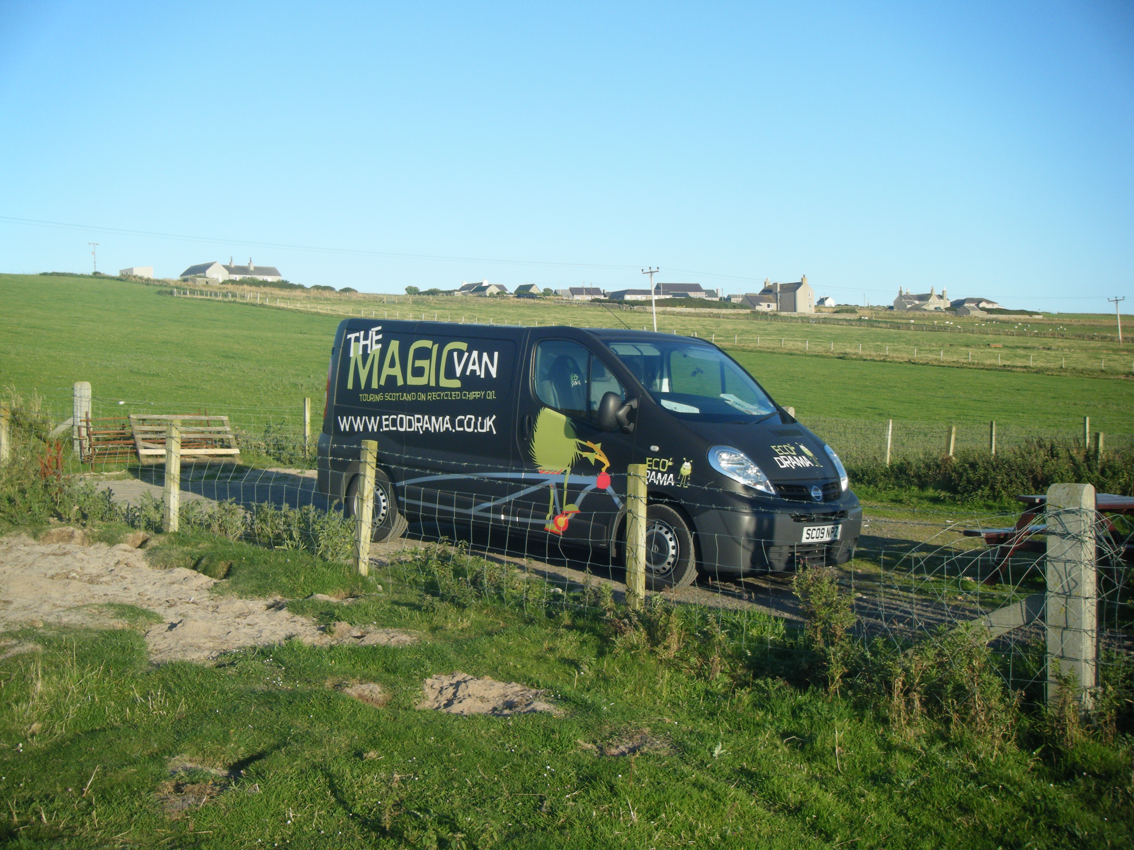 View of Magic Van in a field on Shetland.